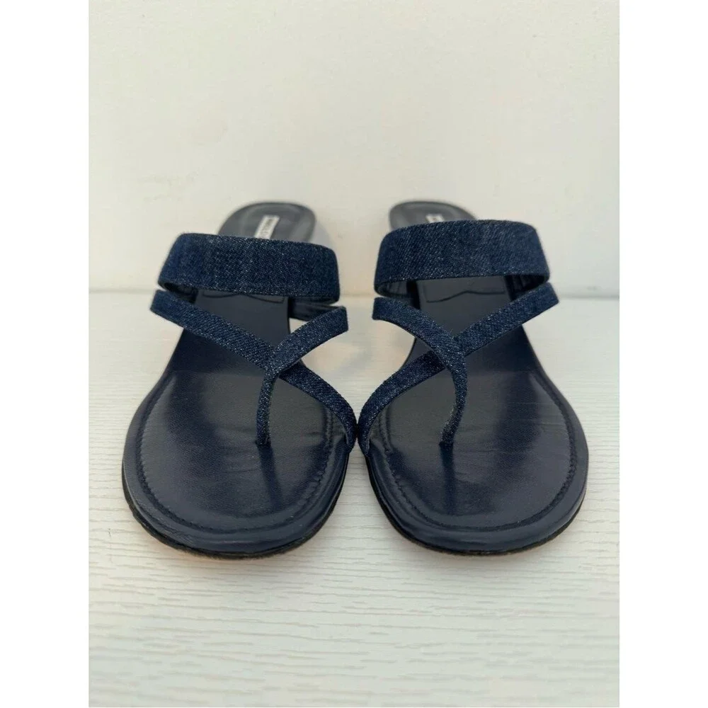 Manolo Blahnik Blue Susa Denim Low Kitten Heel Open Toe Sandals EU 40 Authentic